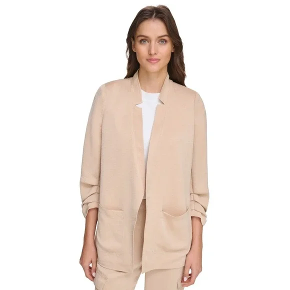DKNY Womens Jacket Size S Sandalwood Ruched Sleeve Notch Collar Relaxed Blazer - Picture 9 of 9